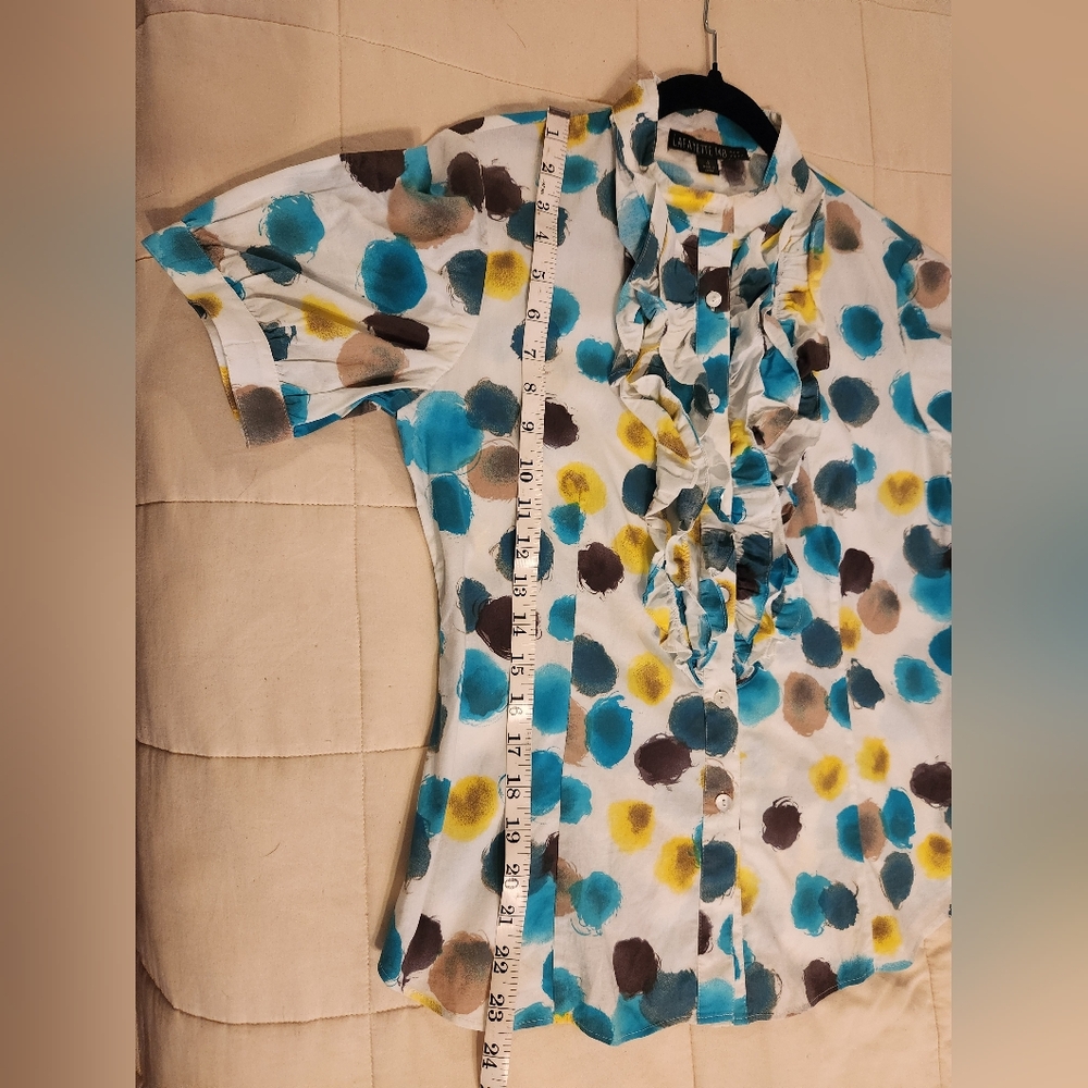 Lafayette 148 Blouse, Button Down, Ruffle Abstract Polka Dot, Cotton, Sz 4, EUC - Picture 10 of 13